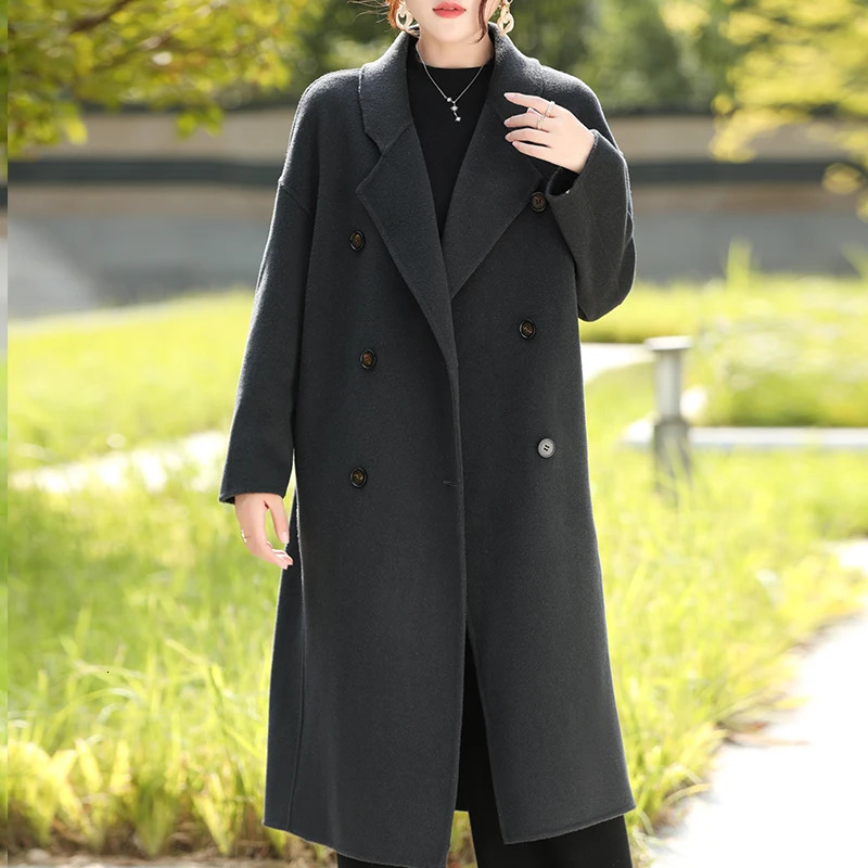 Autumn and Winter HighEnd DoubleBreasted Coat Womens Long Loose Overknee 100Wool Korean Style Versatile Trench 241129