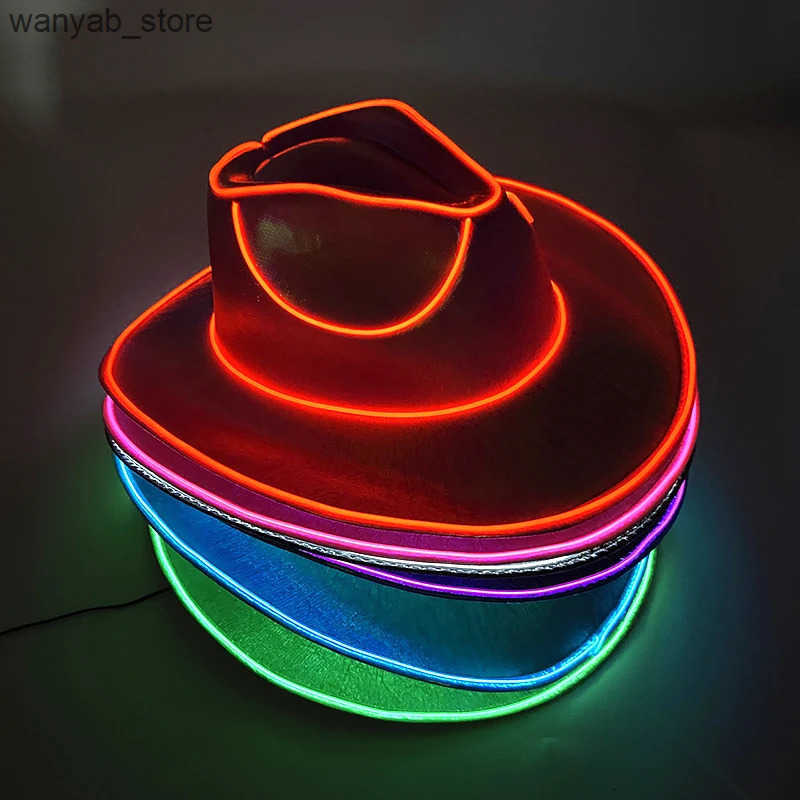 Wide Brim Hats Bucket Western LED Cowboy Hat Cowgirl Retro Light Jazz Top Glowing Bride Cosplay Costume Suit For Women Men L240910