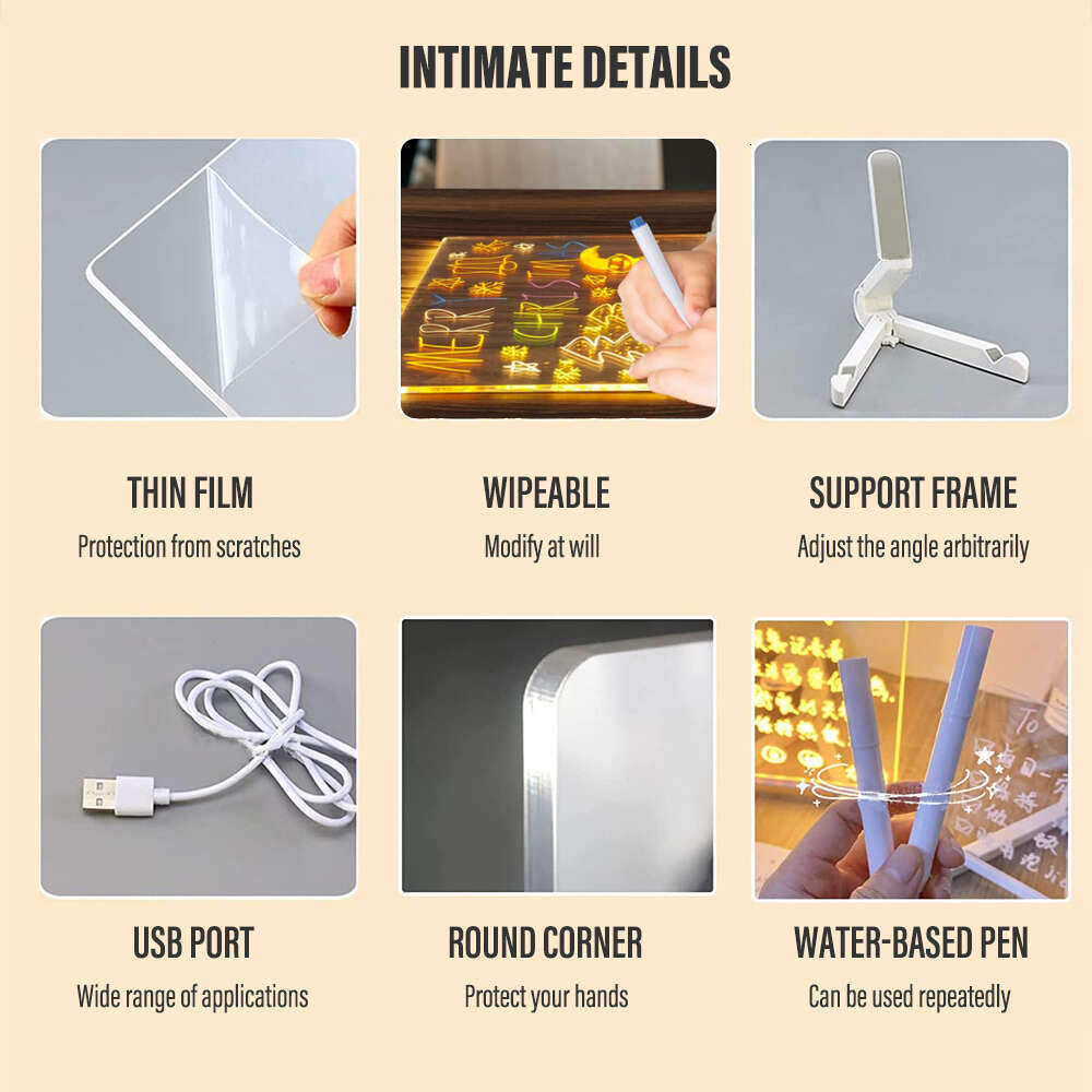 LED Acrylic Message USB Luminous Drawing Board Memo with Bracket Can Be Wiped Bedroom Night Light Children's Gift