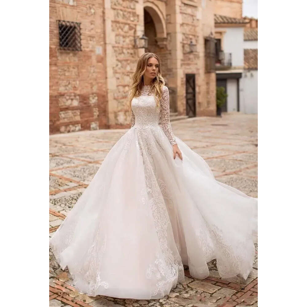 With Elegant A Line Tulle Gown Lace Appliques Sheer Long Sleevescourt Train Button Details Bridal Gowns Bc S