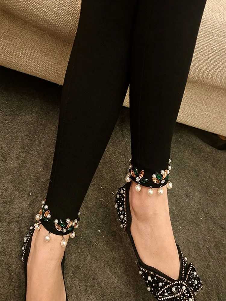 Women's Jeans Fashionable womens blue diamond bead denim pants ankle length pearls spring jeans mens slim fit pencil pants H241130