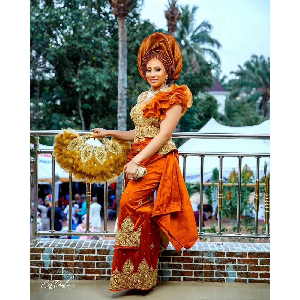 Aso Ebi Orange Satin Mermaid Evening Dresses With Puff Sleeves Ruffles Gold Lace Appliques Custom Made Plus Size Long Prom Party Dressin 0431