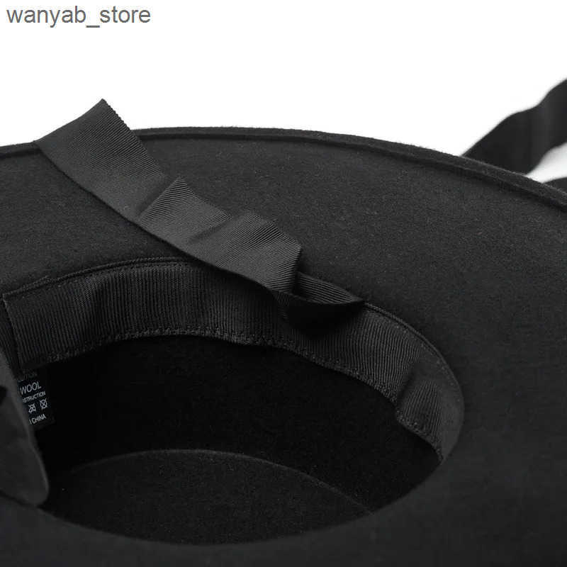 Wide Brim Hats Bucket Hats New fashion simple woolen top hat ladies wool felt bandage flat hat L240910