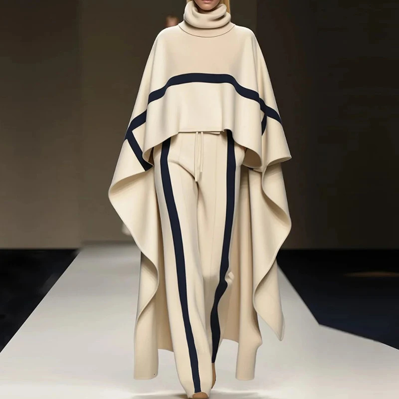 Women Winter Temperament Outfit Show Style Scarf Collar Bat Sleeve Cloak Tops Drawstring Pants Set Chic Striped Stitch 2Pcs Suit 241129