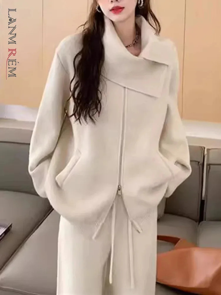 LANMREM Korean Style Knitted Set For Women Scarf Zipper Long Sleeves Sweater High Waist Pants Casual 2024 2VV156 241129