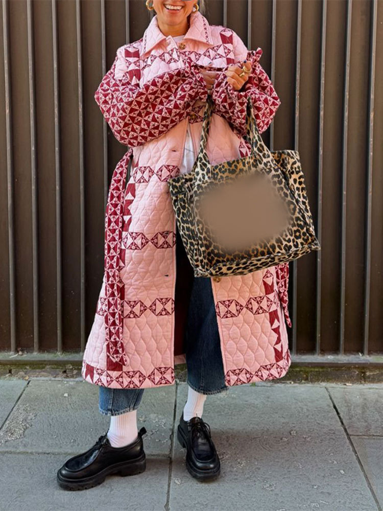 Collar Patchwork Printed Long Sleeved Cotton Jacket, New Pink Loose Fit With Waistband And Tie Up Jacket