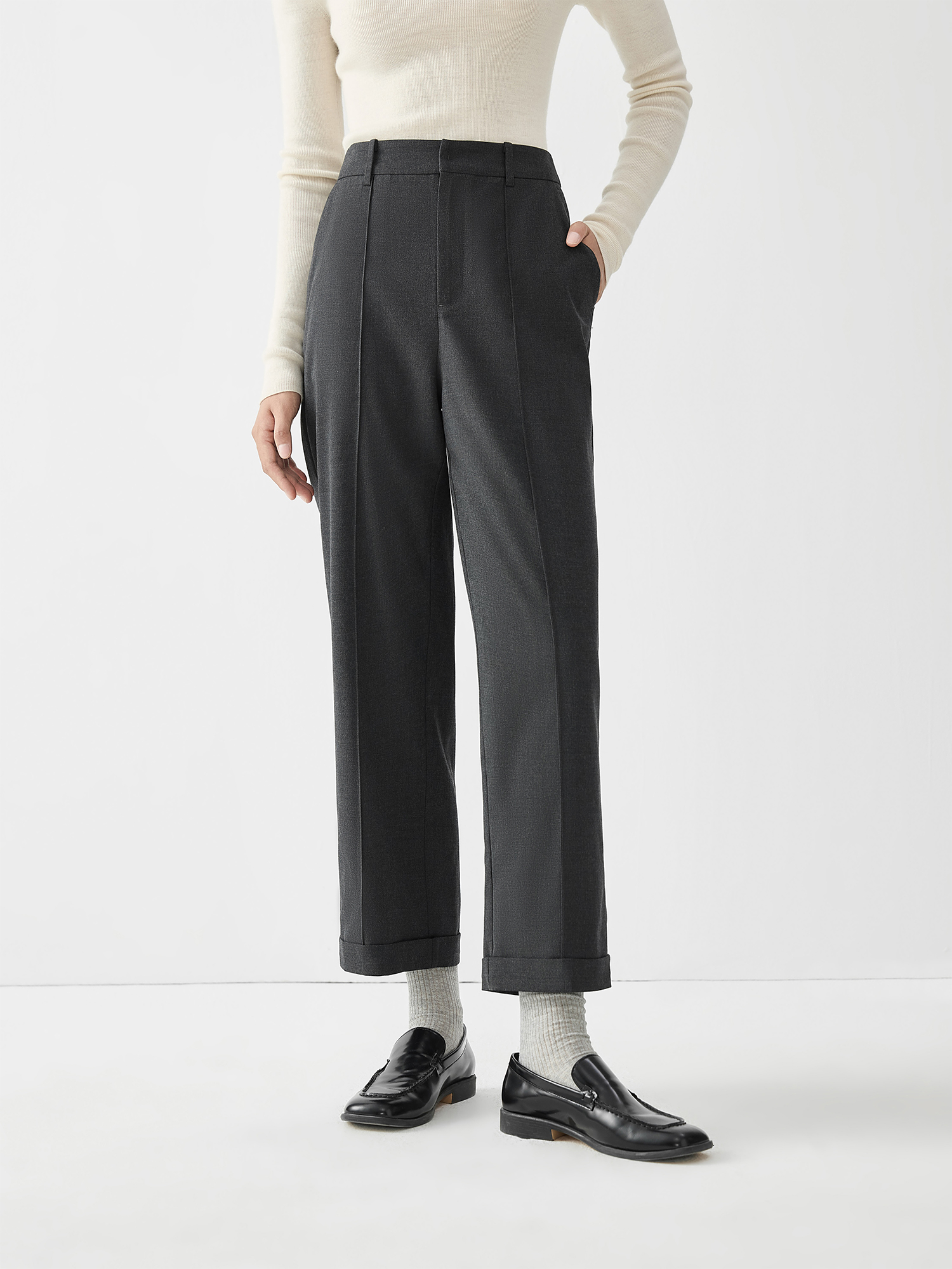 Women Winter Trousers Office Lady Dark Grey Cropped Commuter Pants High Waist Twill Straight Khaki Pant 24Fs14700