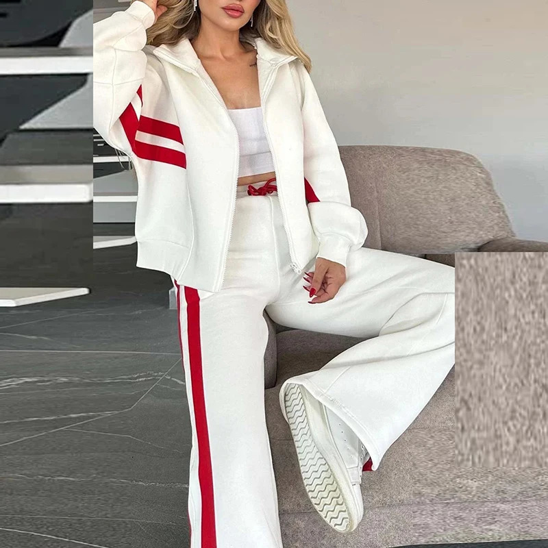 Y2K Two Piece Set Women Fashion Striped Print Lapel Zipper Coat High Waist Pants Outfit Autumn Winter Long Sleeve Suit Tracksuit 241129