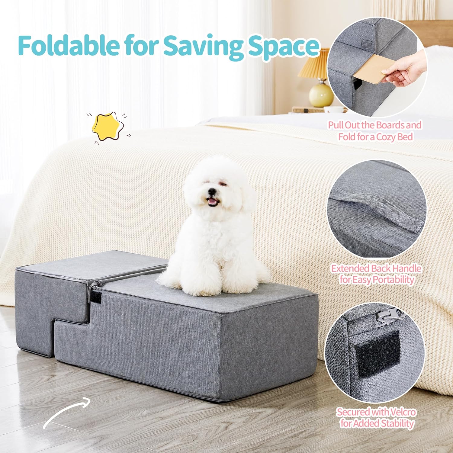 Made4Pets Dog Stairs for Small Dogs, Foldable Pet Step Dog Ramp for High Bed Couch Sofa, High-Density Foam 4-Step with Removable Cover for Older Doggi