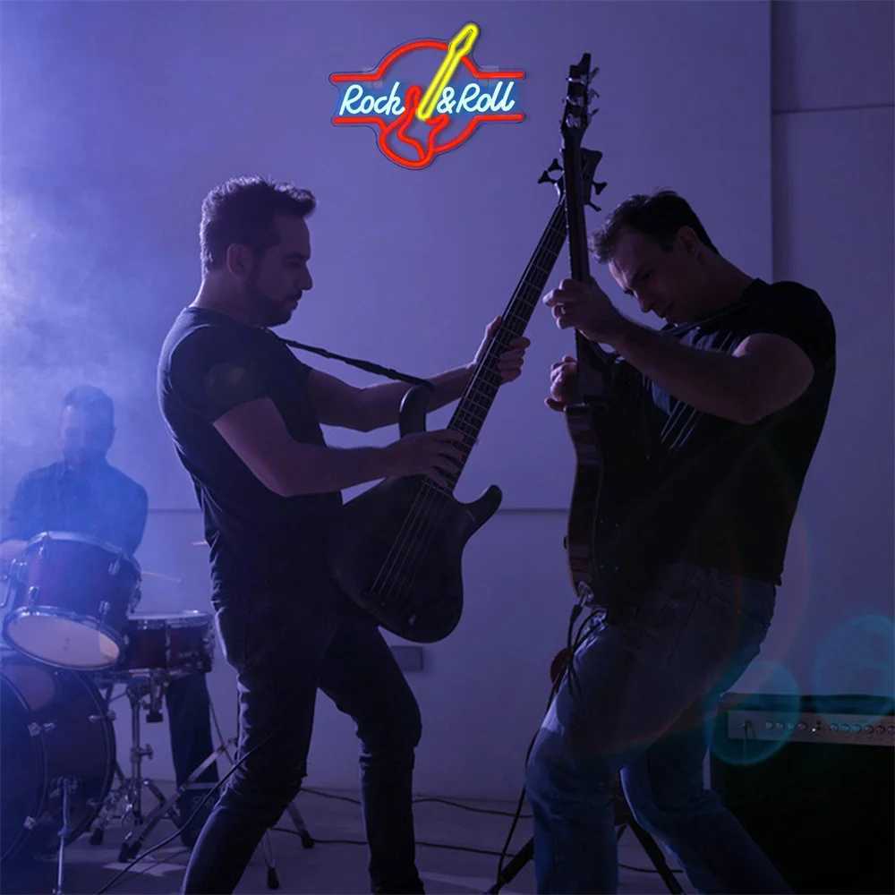Rock Roll Neon Signs Guitar Music Led Neon Light Art Wall Decor for Game Room Music Party Rock Studio Bar Disco Party Neon Z241130
