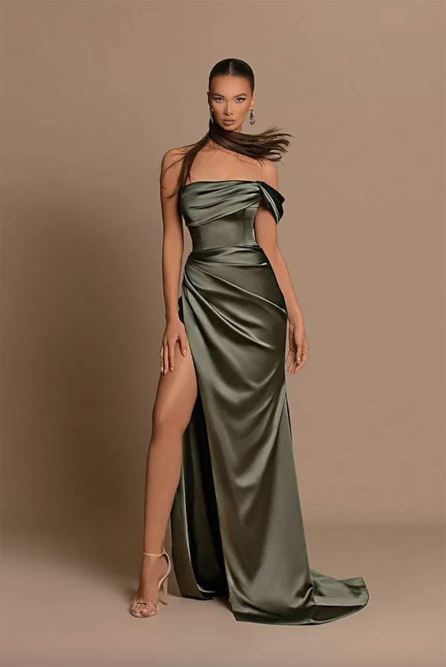 Elegant Olive Off Shoulder Bridesmaid Dresses Sheath Mermaid Backless Pleats SPlit Maid of Honor Gowns Women Formal Evening Prom Dress