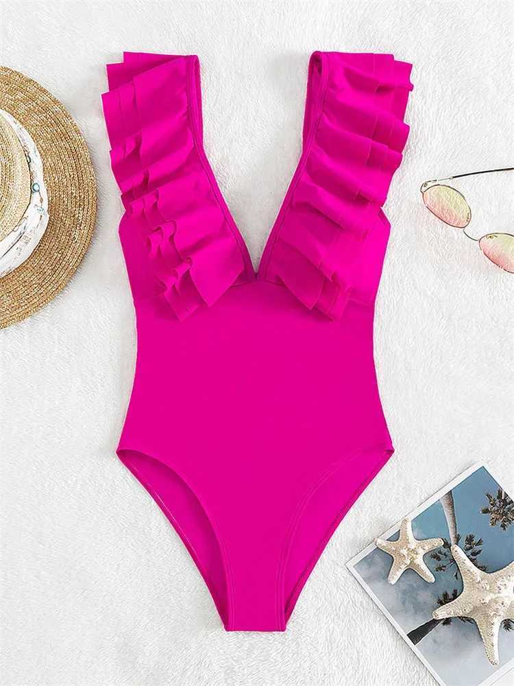 Women's Swimwear Sexy Ruffles Swimwear Women Solid Hot V Neck Control Abdomen Monokini 2024 Summer Bathing Suit Backless One Piece Swimsuit Y2404