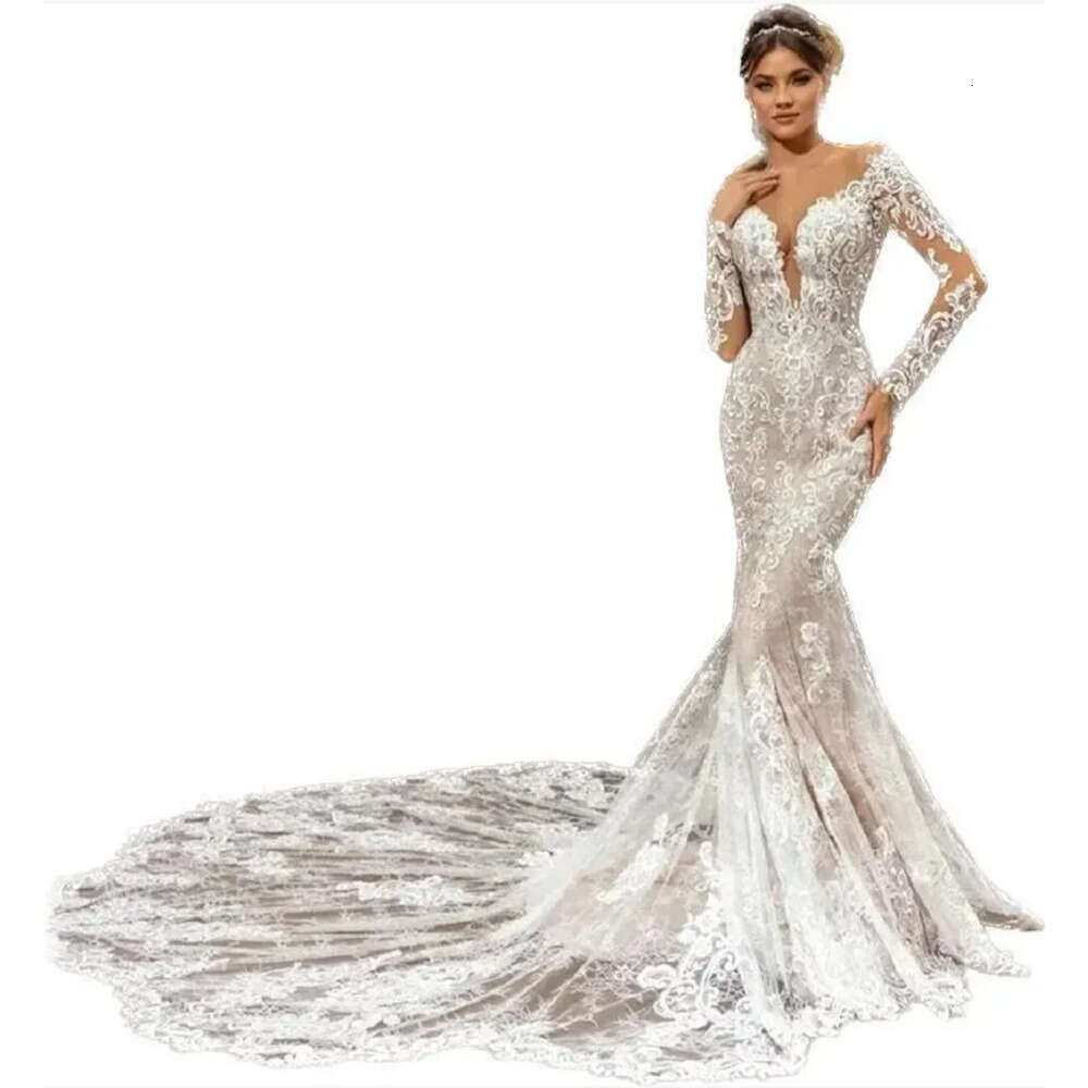 Bridal Mermaid Long Gowns Lace Illusion Scoop Necke Full Sleeves Chapel Train Plus Size Wedding Dresses Vestidos De Novia 6660306