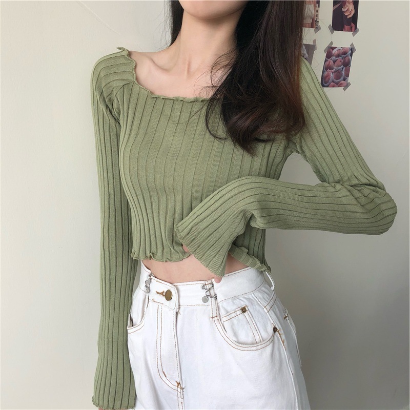 New mushroom edged slim fit single shoulder exposed navel women's T-shirt short sleeved sweater long sleeved top designer sweater