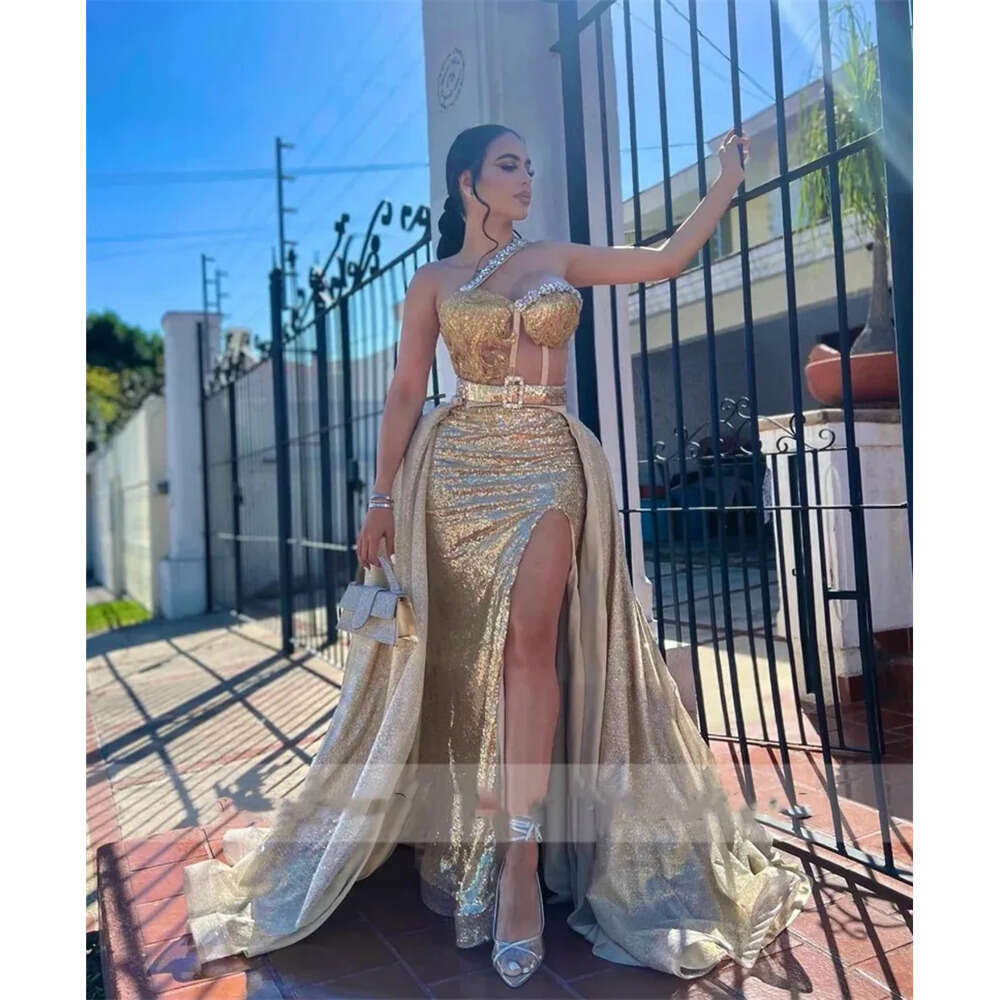Dresses Glitter Prom Gold Mermaid Sexy Side Slit Shiny Beading Sequins Birthday Party Banquet Dance Evening Gowns Vestidos
