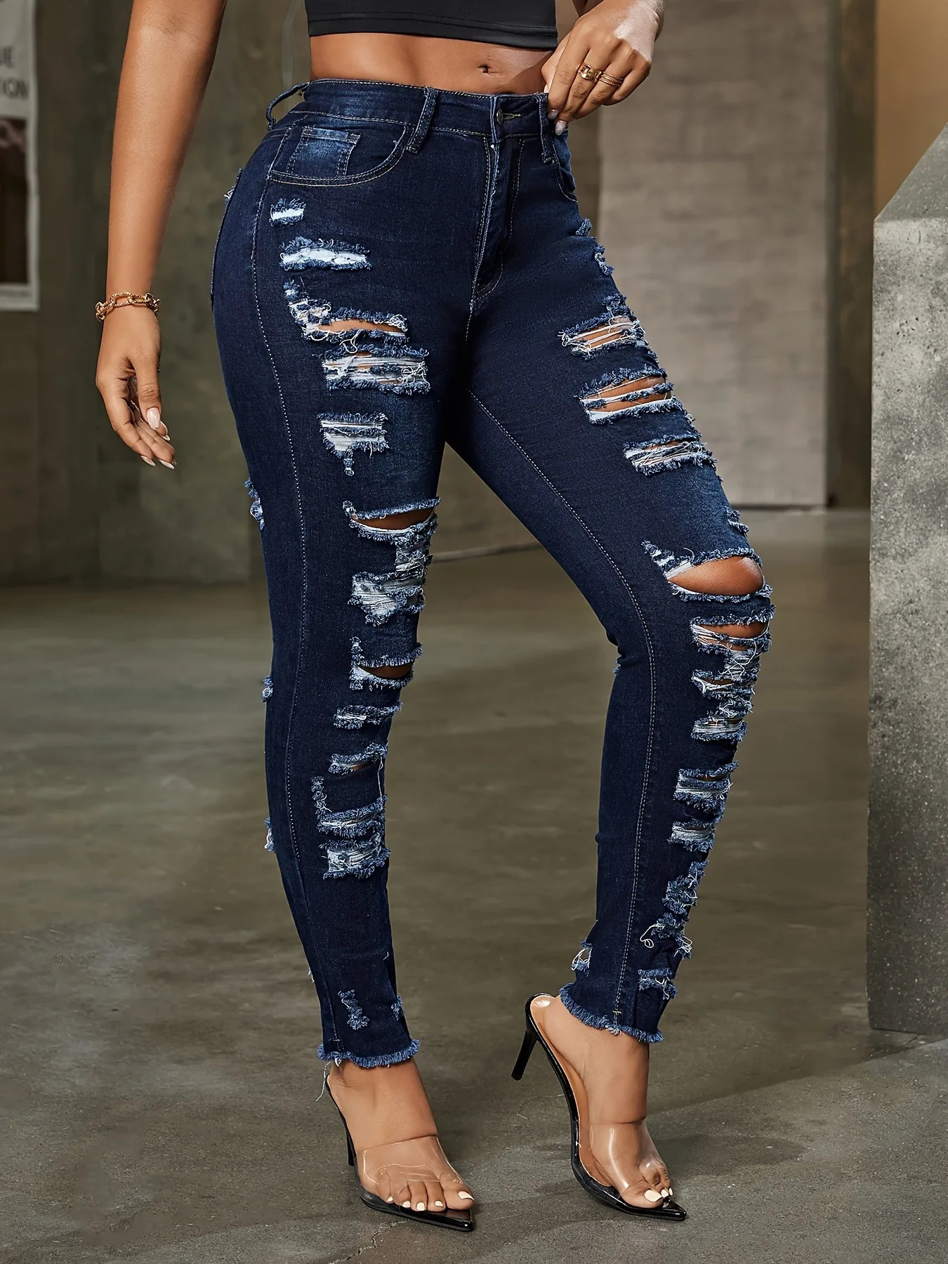 Womens skinny ripped stretch jeans elegant distressed slim fit trousers with diagonal pockets small feet blue washed 241121