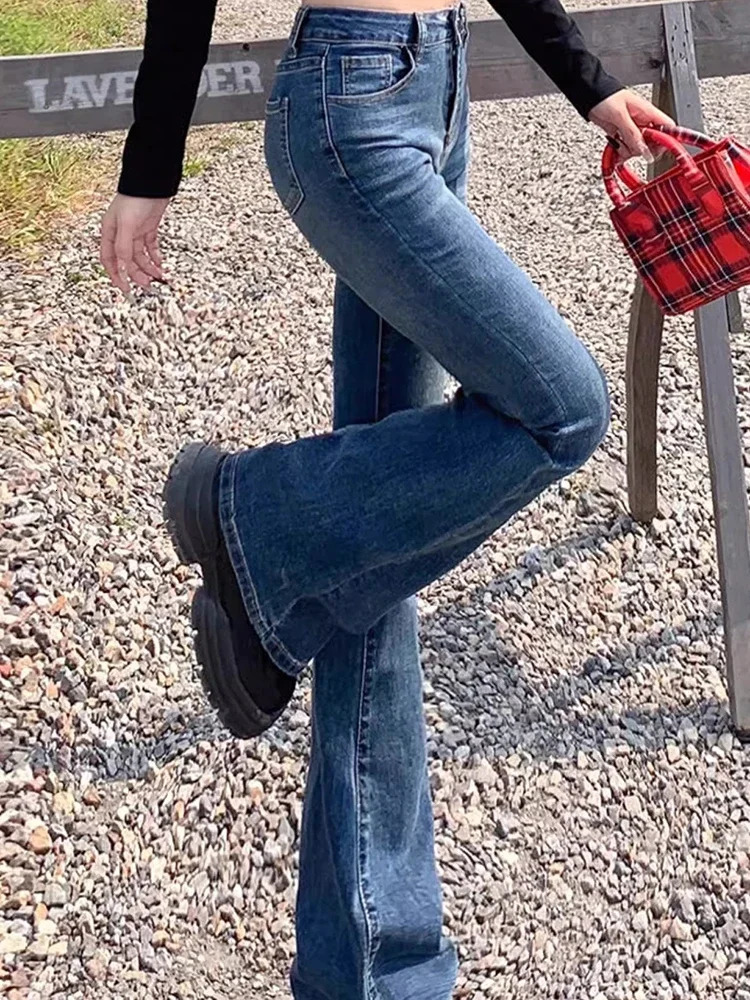 Female High Waist Vintage Bell Bottom Jeans Lady Slim Fit Denim Flare Pants Deep Blue Light Black Gray Trousers 241121