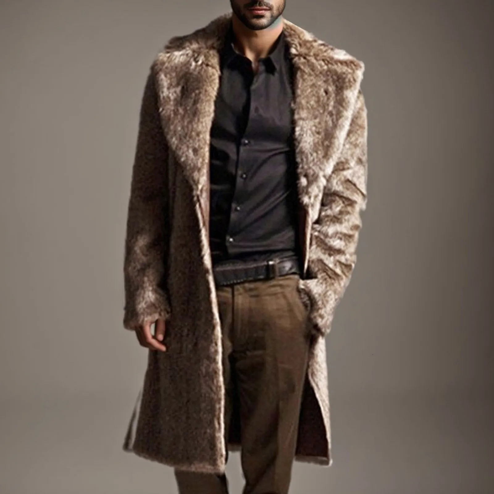 Coat Mens Warm Faux Fur Loose Autumn Winter Brown Long Coats Turn Down Collar Sleeve Men High Waist Maxi Elegant 2024 Jacket 241120