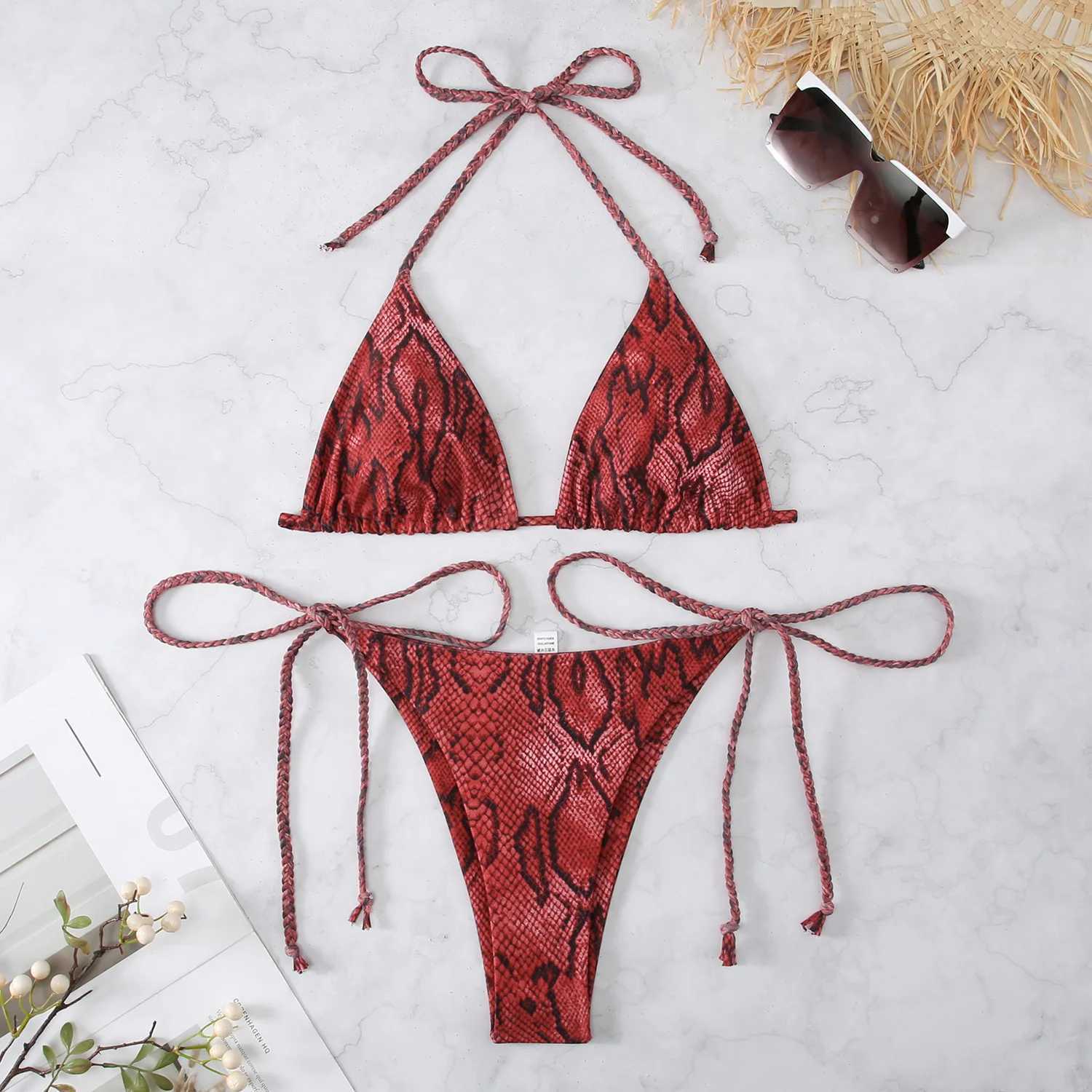 Women's Swimwear Snake Print 2-piece womens swimsuit 2024 new triangle bikini summer beach vacation suspension backless lace swimsuit H241130