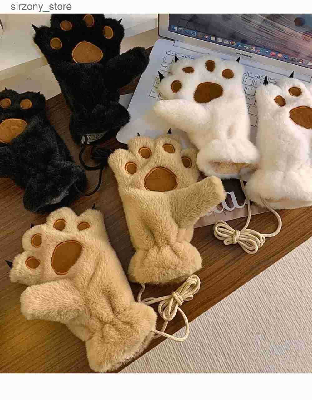 Mittens Women Gloves Bear Palm Paw Animals Plushclaw Glove Winter Fluffy Cat Paw Full Finger Gloves Keep Warm Lovely Soft Furry Mittens J241130