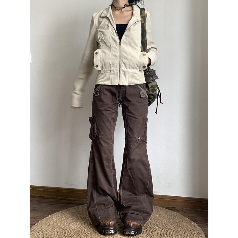 Brown Spliced High Rise Flare Jeans For Women Streetwear Y2k Aesthetic Cargo Jean Pants Vintage Denim Trousers Grunge Fairycore