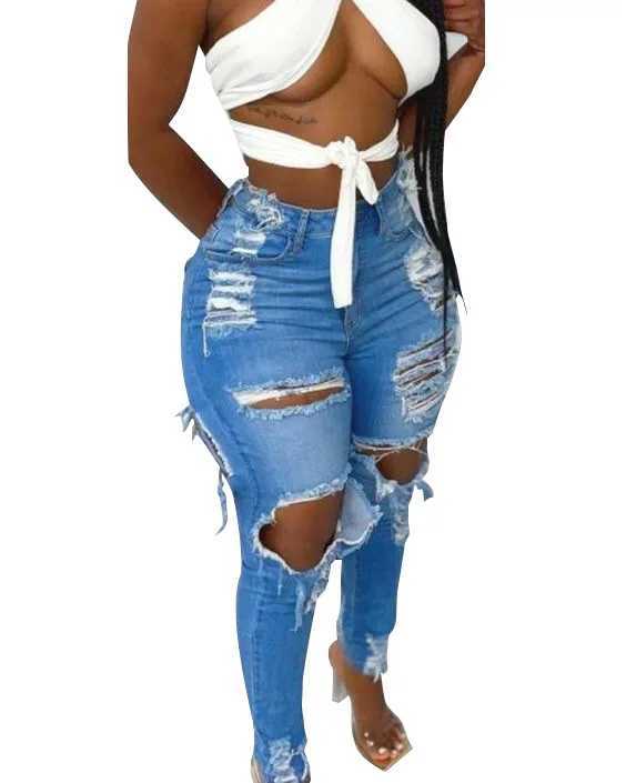 Women's Jeans Womens denim perforated jeans laundry pencil pants high waisted zipper flying slim pocket full-length spring 2024 T-shirt H241130