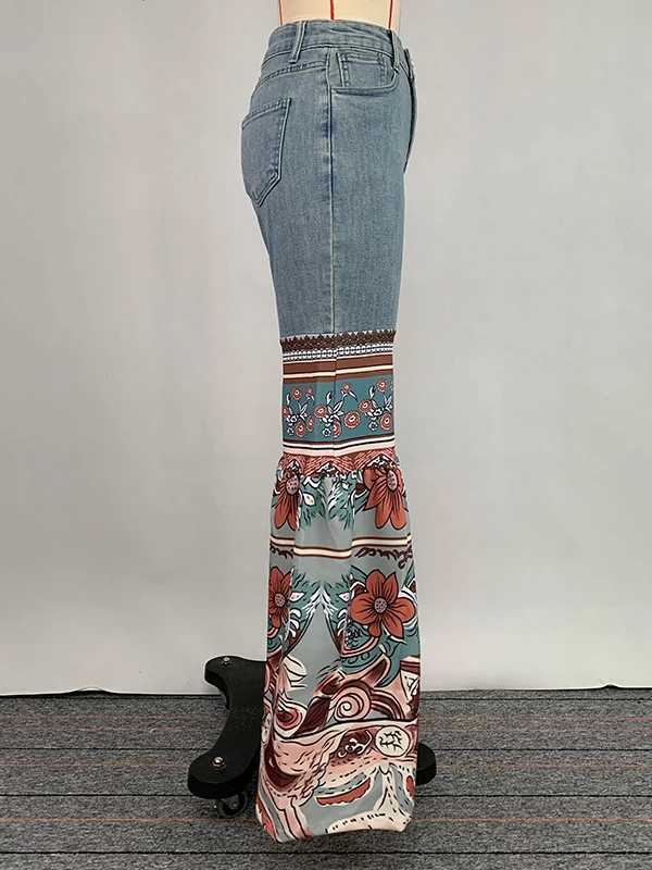 Women's Jeans Modigirl Womens Jeans Pants Autumn Winter Blue Retro Flower Printed Robot with Pocket Womens High Waist Shining Denim Pants H241130