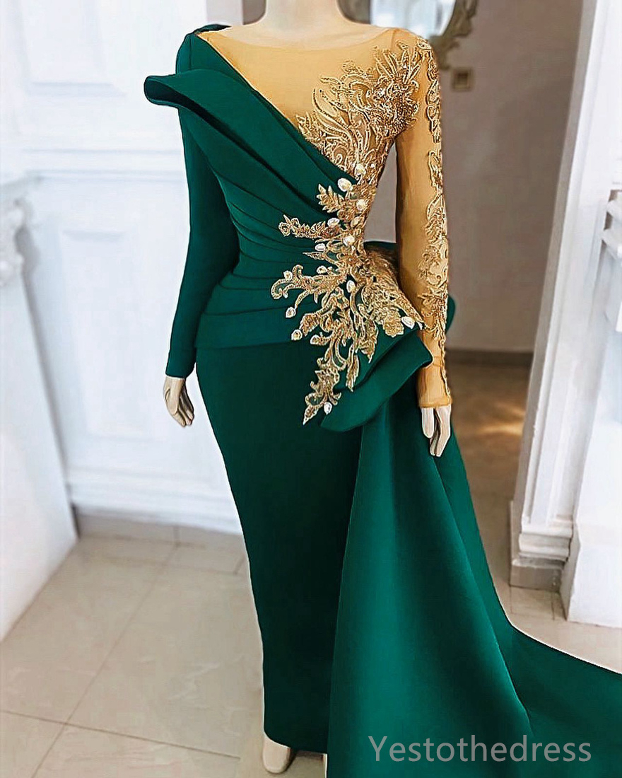 2024 Green Mother of the Bride Gowns Formal Dresses for Women Long Sleeves Sheer Neck Illusion Appliqued Beaded Lace Birthday Mothers Dress for Occasi