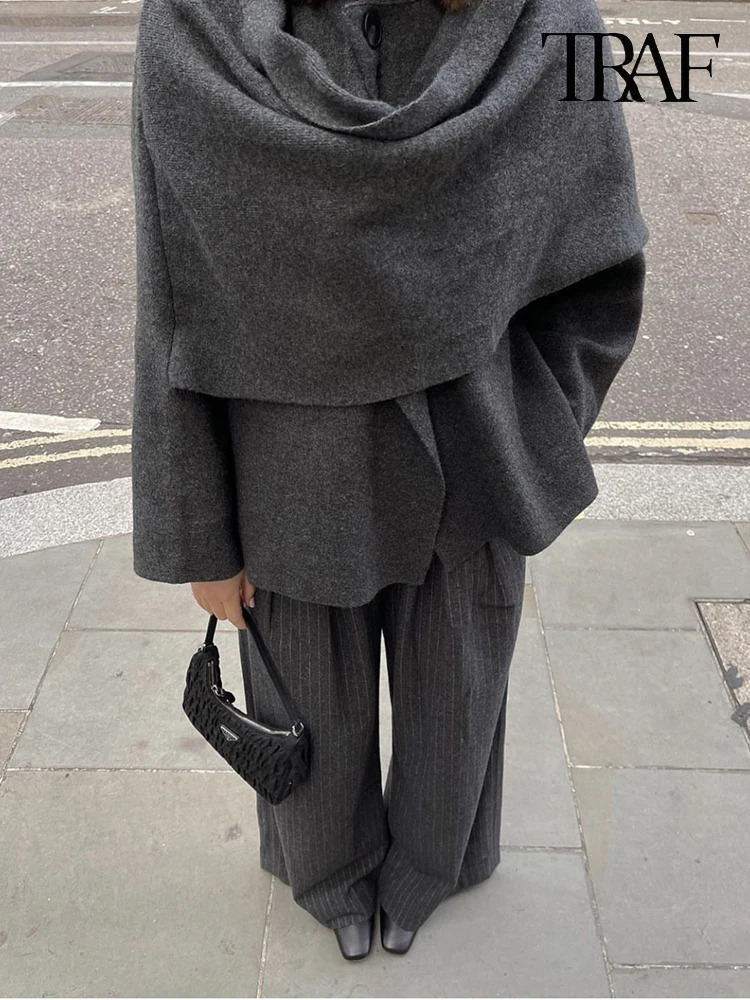 TRAF Womens Autumn and Winter Irregular Scarf Knit Short Coat Casual Solid Color Loose Jacket SingleBreasted Long Sleeve 241121