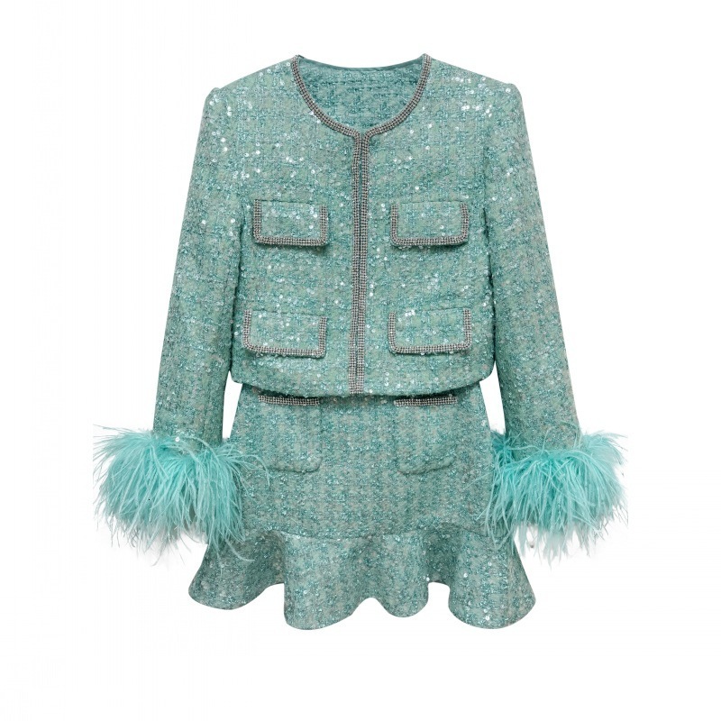 Autumn Winter Coarse Tweed Green Feather Sleeves Sequin Two Piece Set Women Jackets Coats Fishtail Short Skirts 2Pcs Outfits