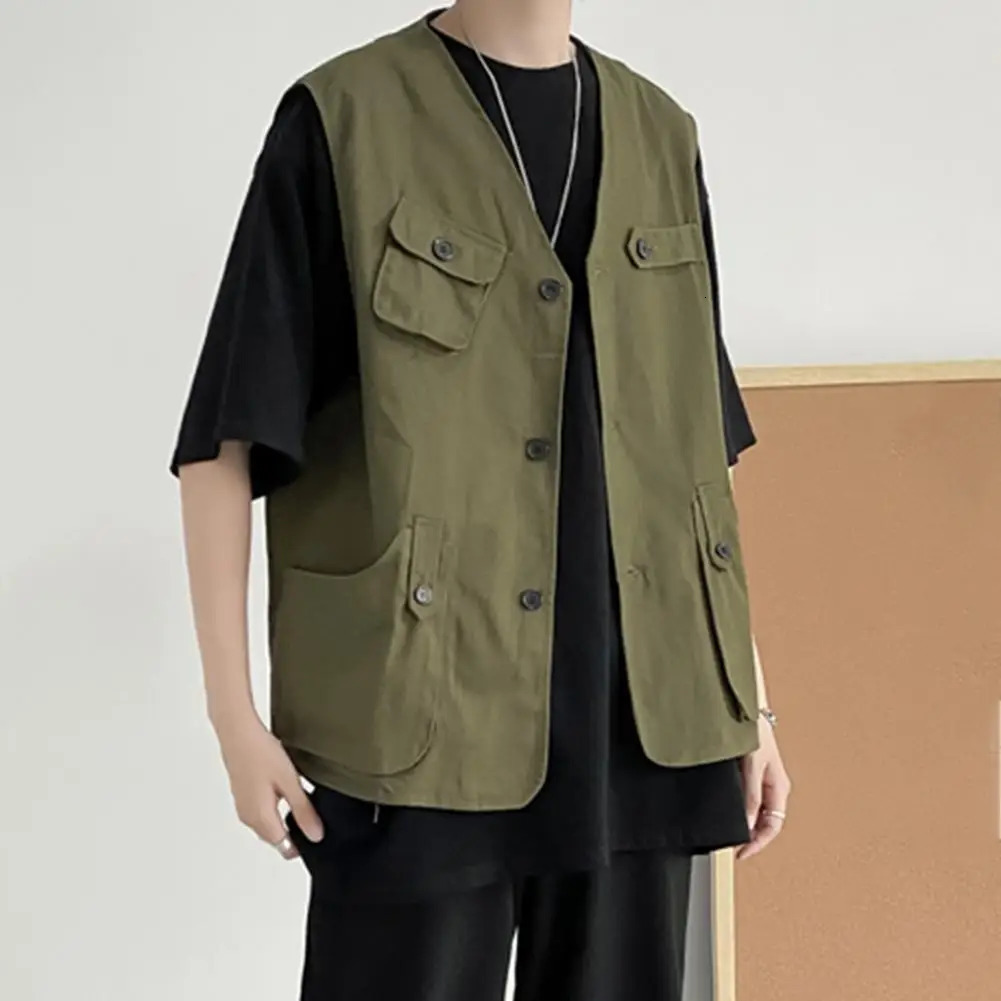 Sports Vest Mens Collarless Sleeveless Cargo Waistcoat with Multi Pockets Solid Color Outdoor Coat for Casual Style 241129