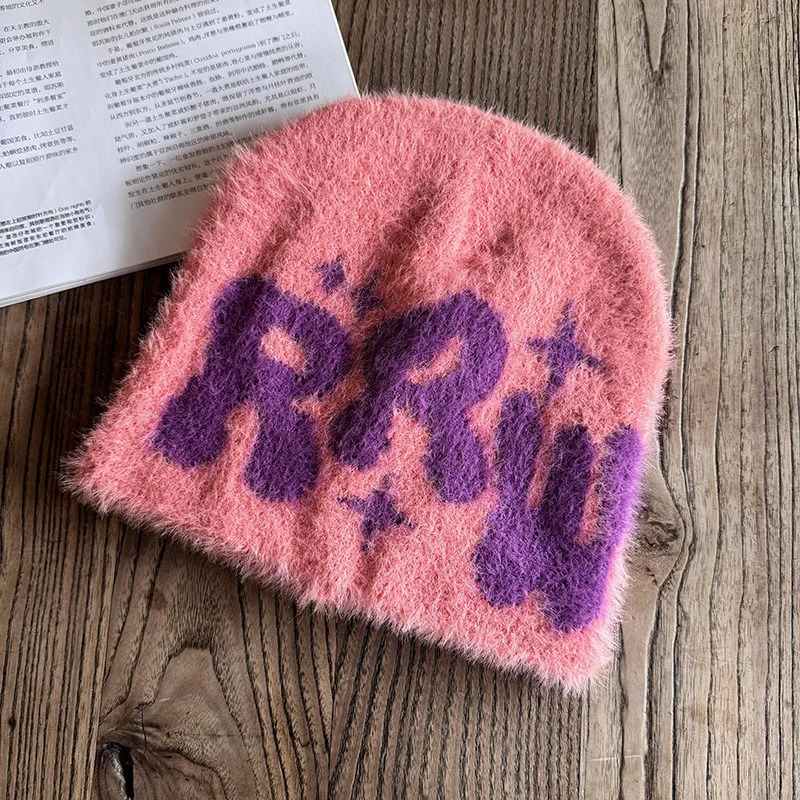 2024 Y2K Letter Cute Cold Beanies Man Fluffy Plush Caps for Men Women Auutmn Winter Edgy Knit Hip Hop Keep Warm Ear Male 241125