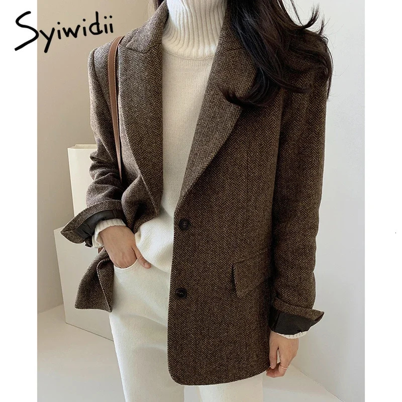 Syiwidii Womens Elegant Woolen Blazer Coat Causal Lapel Pockets Single Breasted Coats Autumn Winter Fashion Commut Lady Outwear 241121