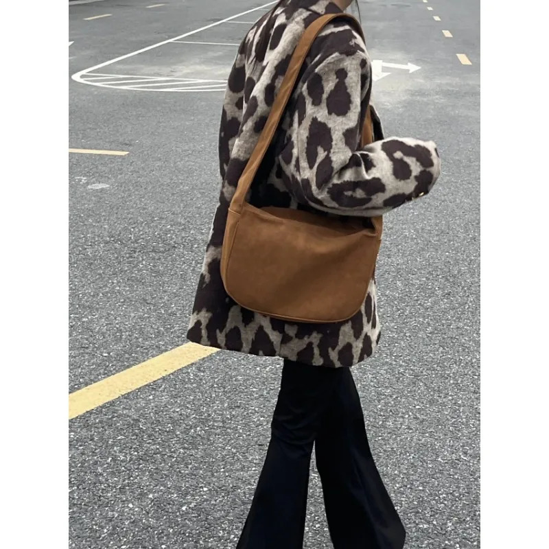Leopard Print 2024 Winter Temperament Collage Long Sleeve Suit Collar Loose Womens Woolen Coat 241129