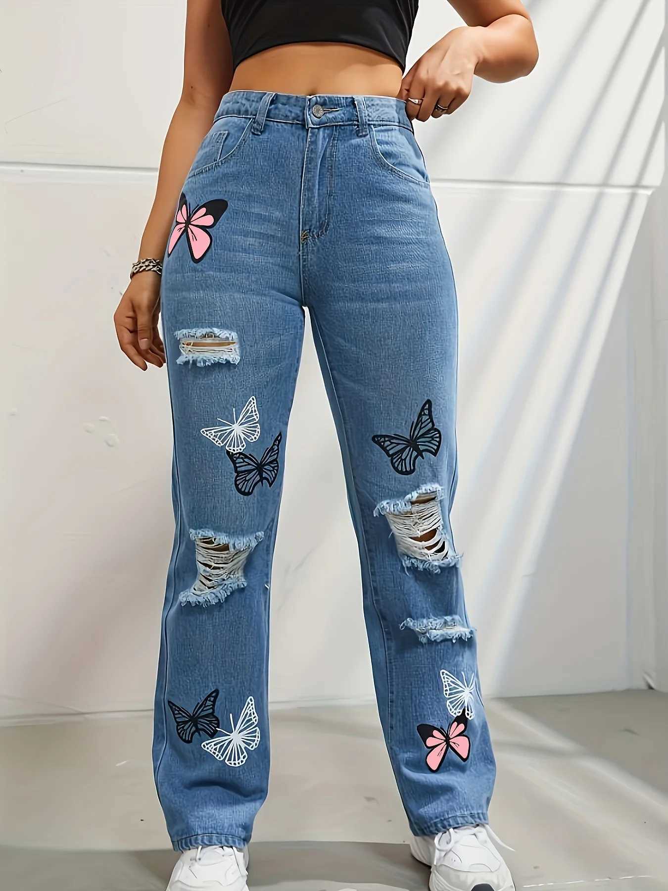 Women's Jeans Butterfly print denim Trouser womens hole denim straight pants high waist loose fit suitable for retro 2024 casual tight denim H241