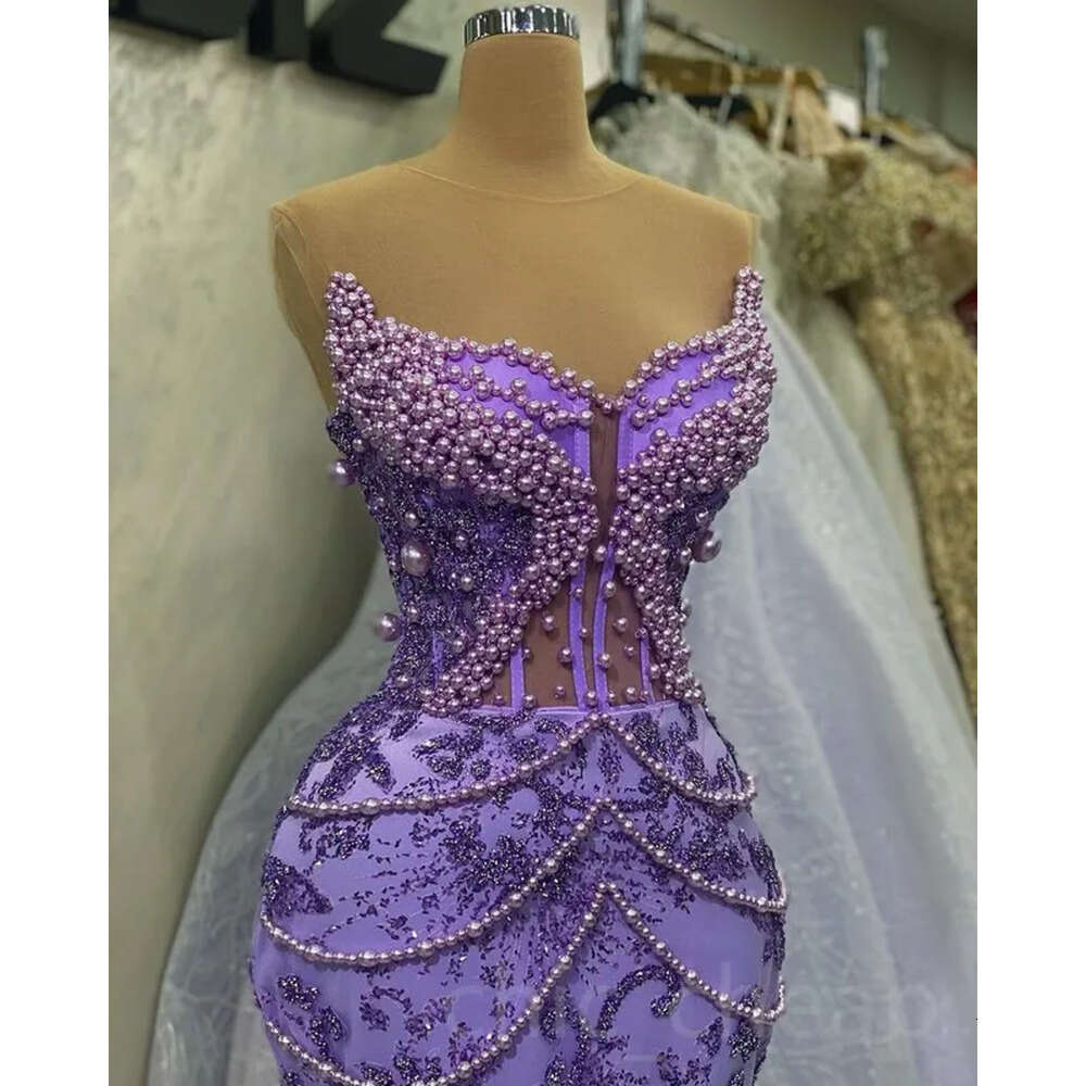 Mermaid Aso Lavender April Ebi Prom Dress Pearls Sequined Lace Evening Formal Party Second Reception Birthday Engagement Gowns Dresses Robe De Soiree 