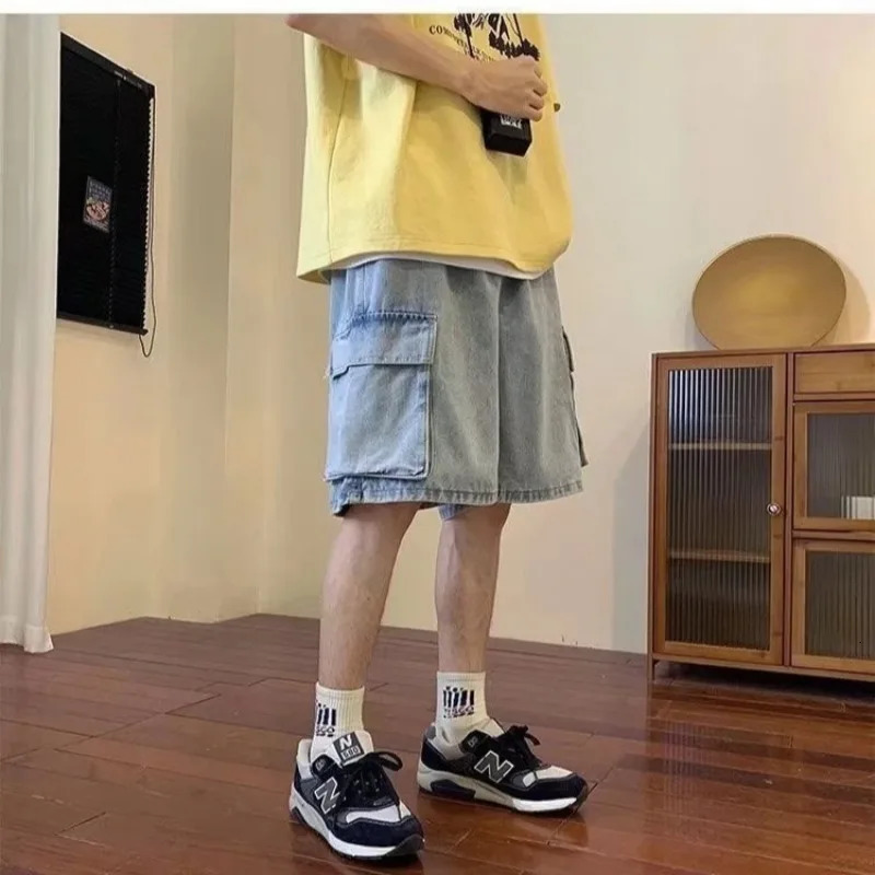 Fashion Casual Retro Blue Cargo Port Style Loose Big Pocket Denim Shorts Men Summer Thin Washed Five Point Pants 240415