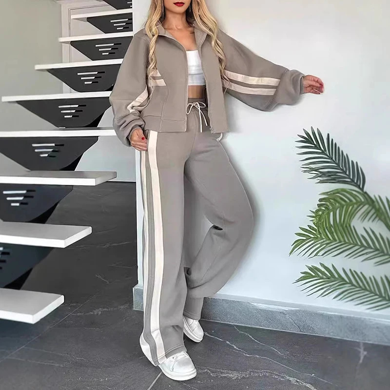 Y2K Two Piece Set Women Fashion Striped Print Lapel Zipper Coat High Waist Pants Outfit Autumn Winter Long Sleeve Suit Tracksuit 241129