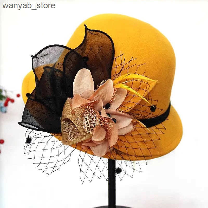 Wide Brim Hats Bucket Hats Autumn Winter Wool Women Elegant Church Hat Ball Ribbon Solid Color Ladies Jazz Cap New Female Bow Bowler Wedding Ceremony 