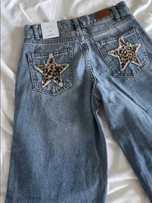 Women's Jeans Y2K New Retro Blue Jeans Womens Harajuku Leopard Printed Star Pocket Patch Jeans Gothic High Waist Straight Pants Trousers H241130