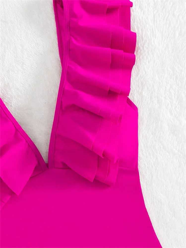 Women's Swimwear Sexy Ruffles Swimwear Women Solid Hot V Neck Control Abdomen Monokini 2024 Summer Bathing Suit Backless One Piece Swimsuit Y2404
