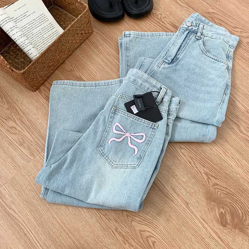 Women's Jeans Korean light blue high waisted wide leg jeans casual and fashionable bag pants embroidered design Vaqueros retro womens jeans H2411