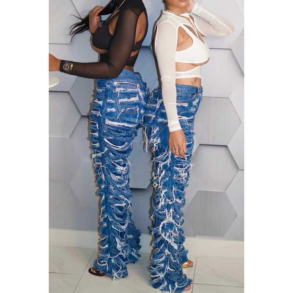 Women's Jeans Plus size womens jeans fashionable high waisted button blue spring and summer hole pocket loose slim straight trend mens style H241