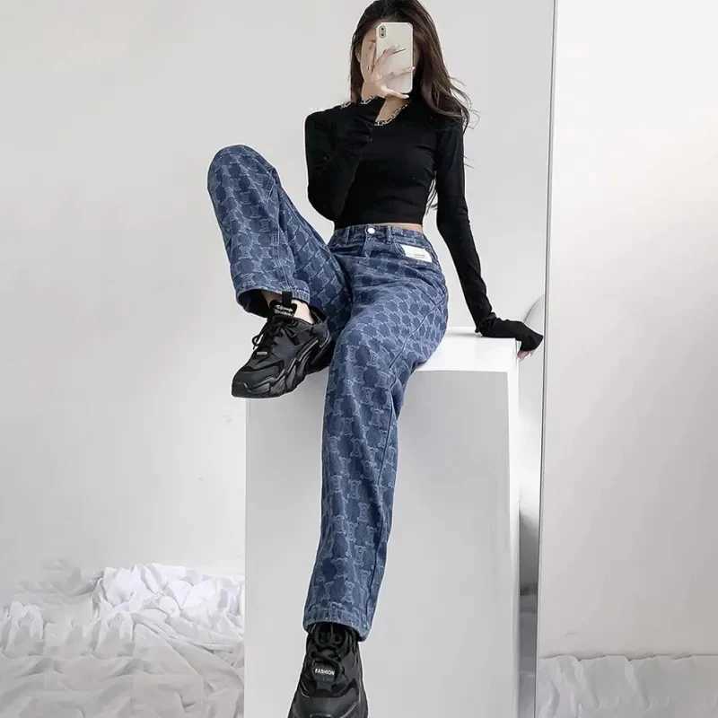 Women's Jeans Vintage Blue Letter Embroidered Y2k Bag Denim Womens Knitted Denim Trouser High Waist Jacquard Pattern Pants H241130