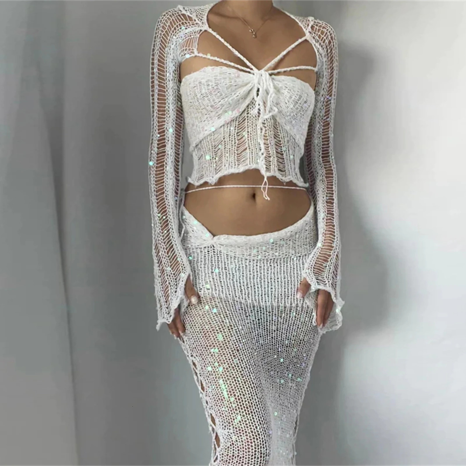 Summer Women Crochet Knitted Dress Two Piece Skirt Sets Clothes Sexy Crop Tops Elegant Knit Sequin 2 Set Outfit 240423