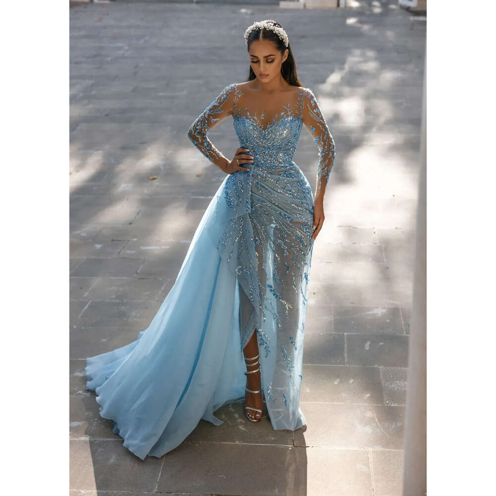 Style Meramid Arabic Prom Party Dresses Lace Sexy V Neck Long Sleeves Side Slit Evening Ocn Gowns Vestidos De Estidos 6660306