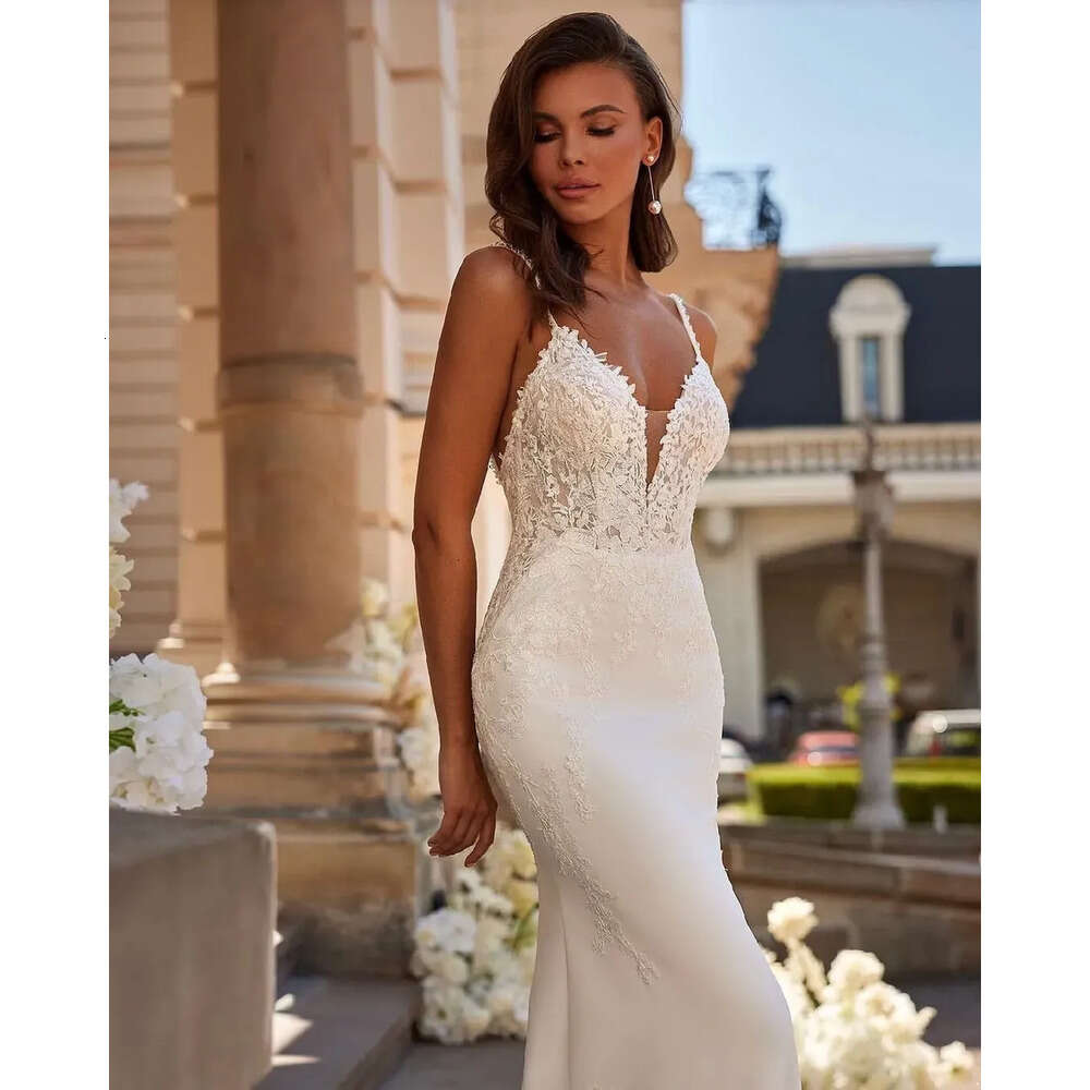 Lace Wedding Mermaid Backless Sexy Dresses Spaghetti Straps Appliques Western Long Train Bridal Gowns Elegant Robes De Mariage Bc