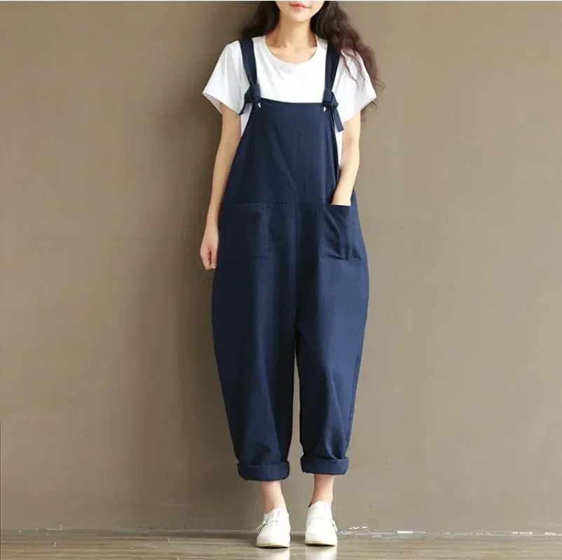 Womens Solid Color Simple Suspender Jumpsuit Sanded Cotton Pocket Loose Casual Pants Daily Wear S3XL 241120