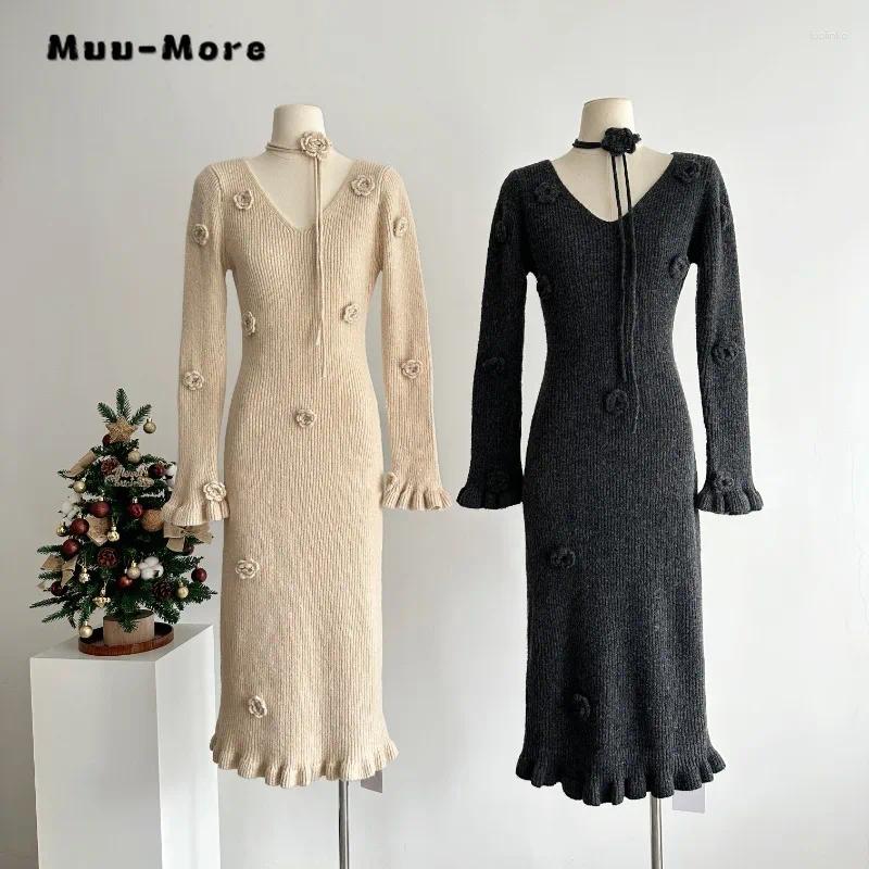 Casual Dresses 2024 Spring Vintage Long Sleeve Female Solid Color Midi Women Elegant V-neck Knitting 3D Floral A-Line Dress
