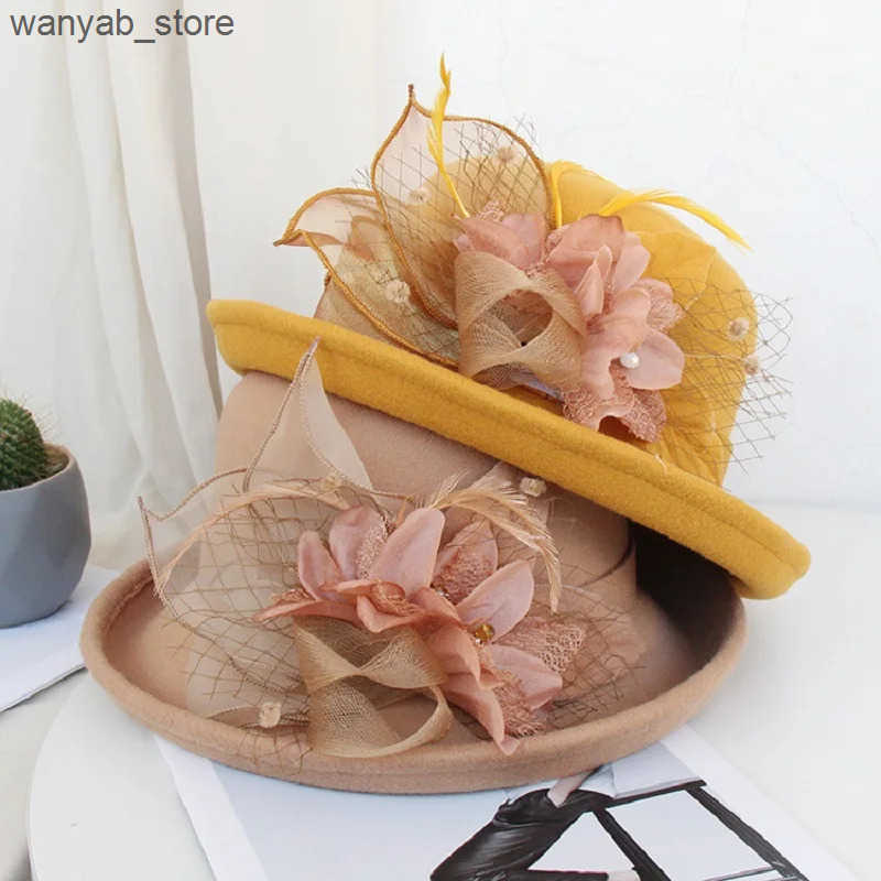 Wide Brim Hats Bucket Hats 2021 Women Warm Wool Felt Flowers Hat Ladies Wide Brim Hat Autumn Winter Noble Elegant Girls Fashion Party Cap Decoration L